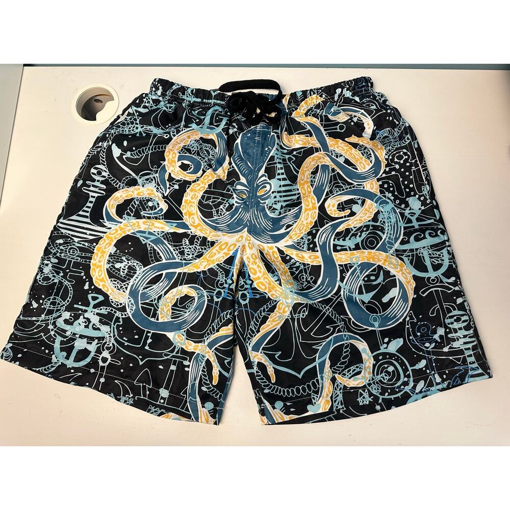 Men's Novelty Beach Shorts featuring a 3D printed octopus/anchor blue and gold M